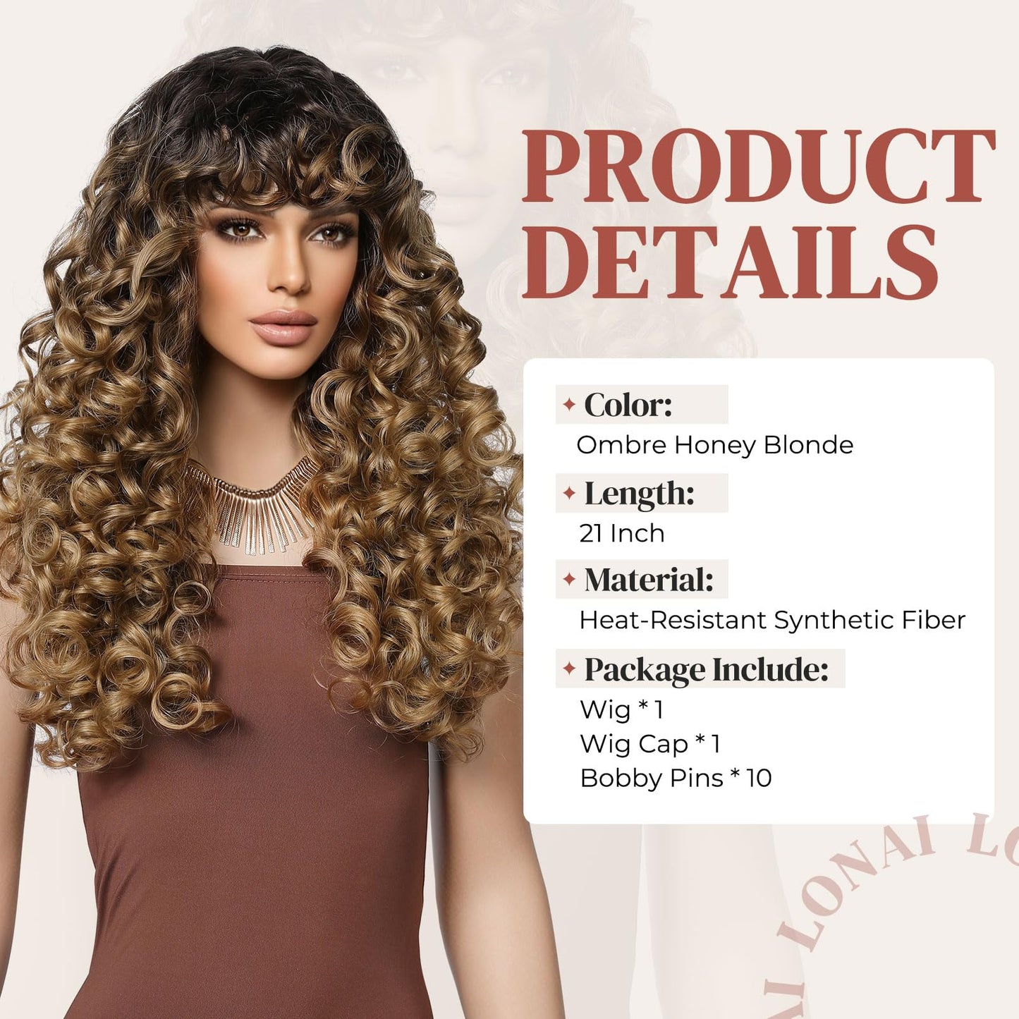 LONAI Curly Wig with Bangs for Black Women Long Black Kinky Wigs with Wispy Bangs WIG006 Curly Gorgeous Fringe Synthetic Wig for Daily Use Party Cosplay-Black
