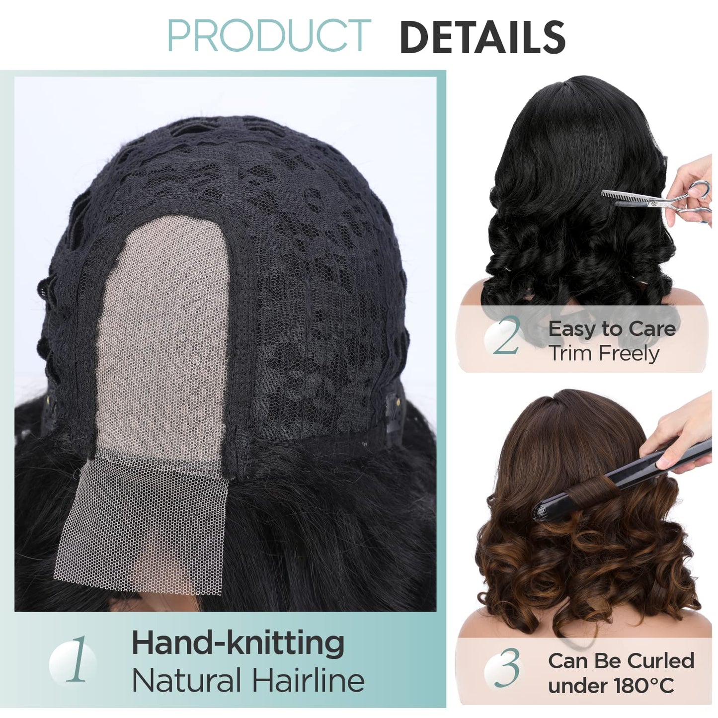 WIGER Short Wavy Wigs for Women Black Loose Wave Bob Hair Wig 14 Inch Side Part Big Curly Glueless Lace Part Hair Synthetic Curly Wig for Daily or Party