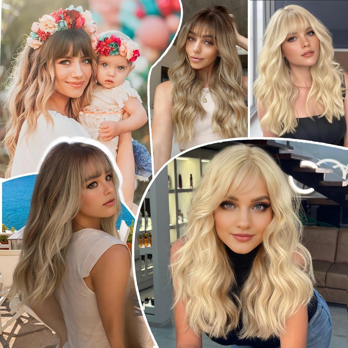 Blonde Wig with Bangs Dirty Blonde Wig for Women Long Wavy Curly Heat Resistant Fiber Synthetic for Daily Party Use (20inch)