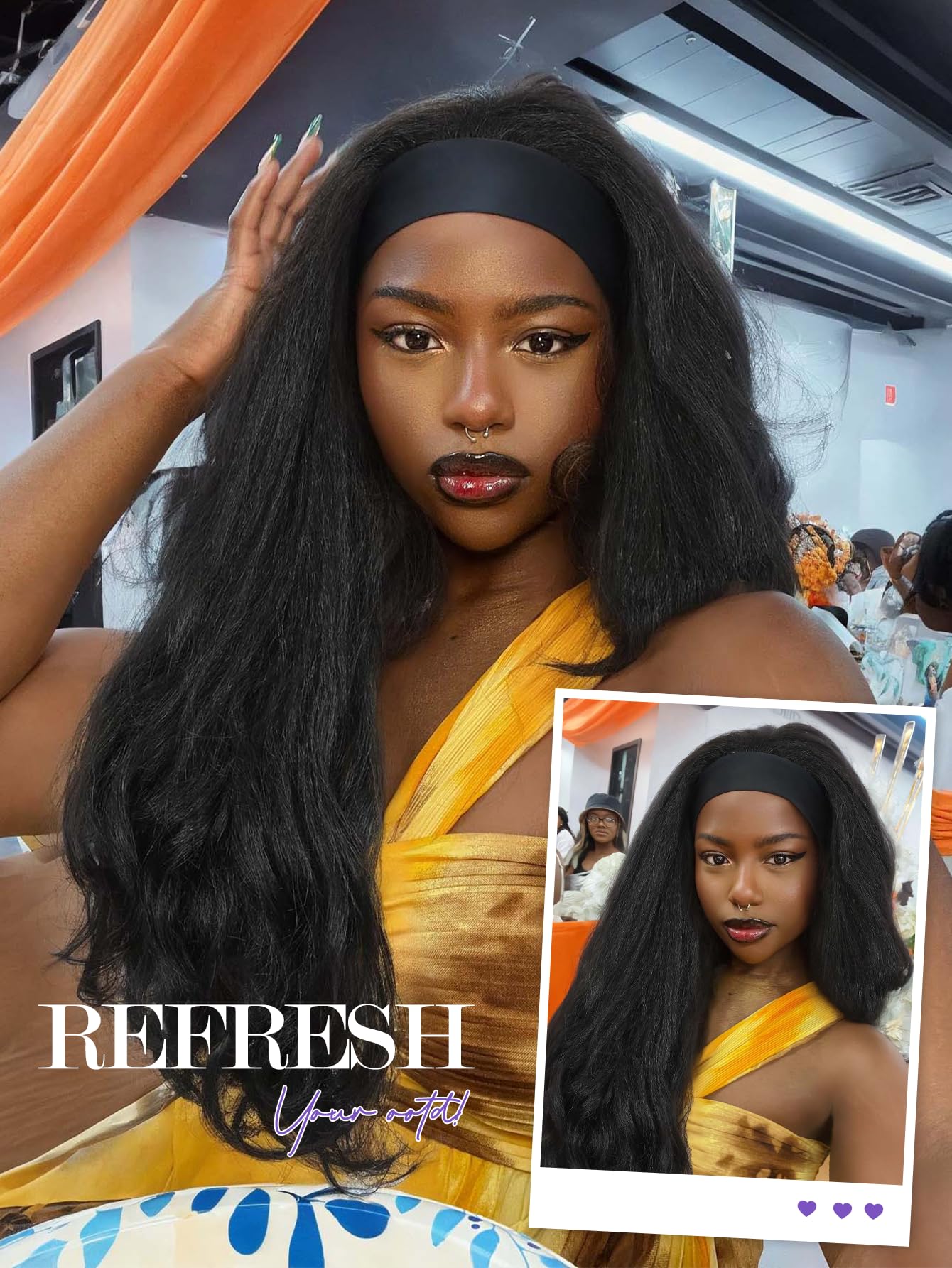 Yaki Wavy Headband Wigs for Black Women 26 Inch Black Kinky Straight Wear and Go Wig with Curly Wavy Ends Synthetic Glueless Half Wig with Headbands Attached Blow Out Style Natural Hair Texture
