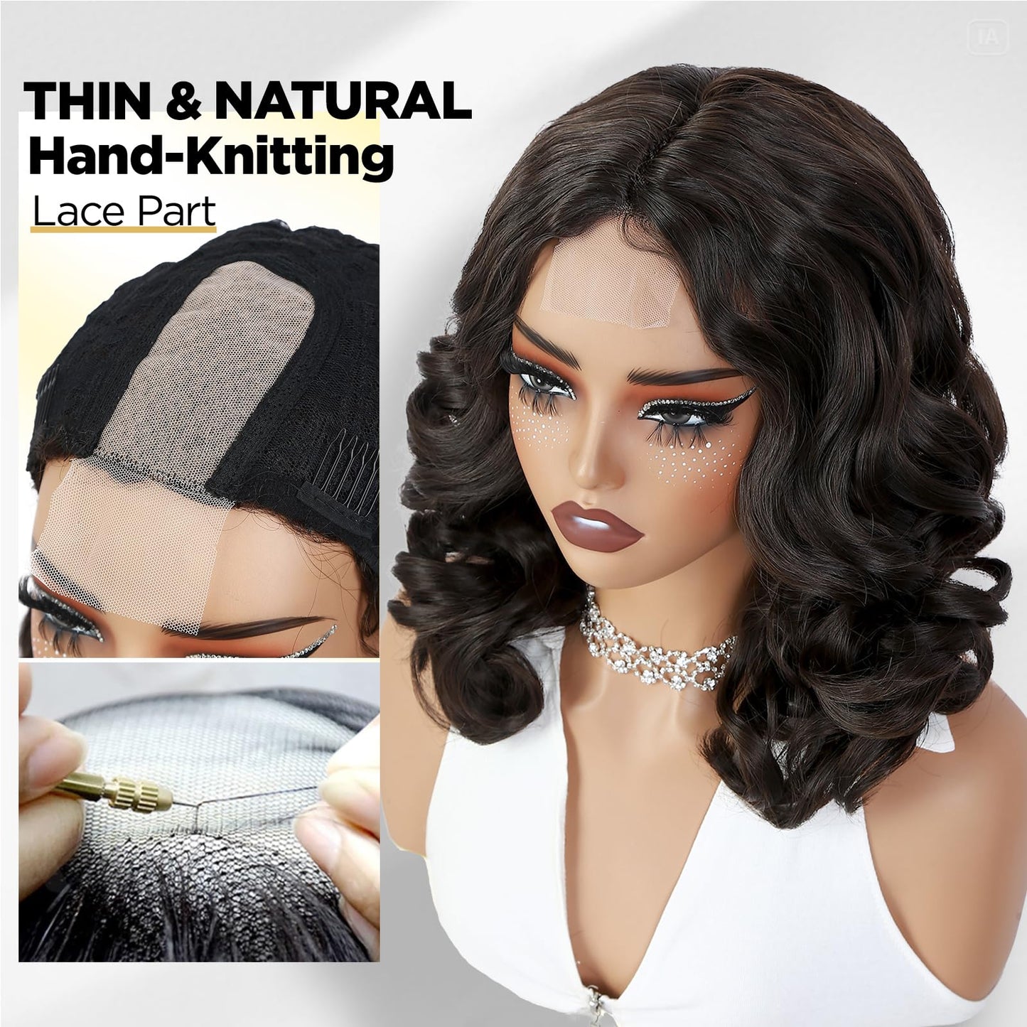 WIGER Short Wavy Wigs for Women Black Loose Wave Bob Hair Wig 14 Inch Side Part Big Curly Glueless Lace Part Hair Synthetic Curly Wig for Daily or Party