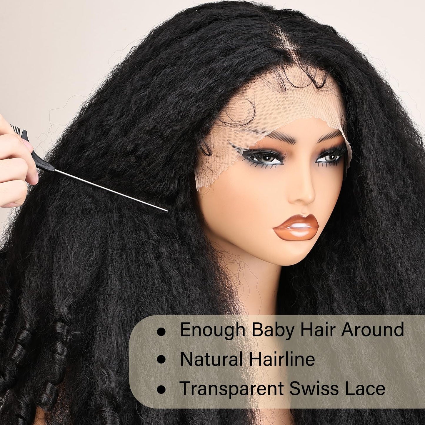 SOKU Afro Curly Lace Front Wig Synthetic Kinky Straight with Curly Ends T Part HD Transparent Swiss Lace Fluffy Bouncy Hair Wigs 20 Inch Dark Brown Heat Friendly Afro Wigs for Black Women