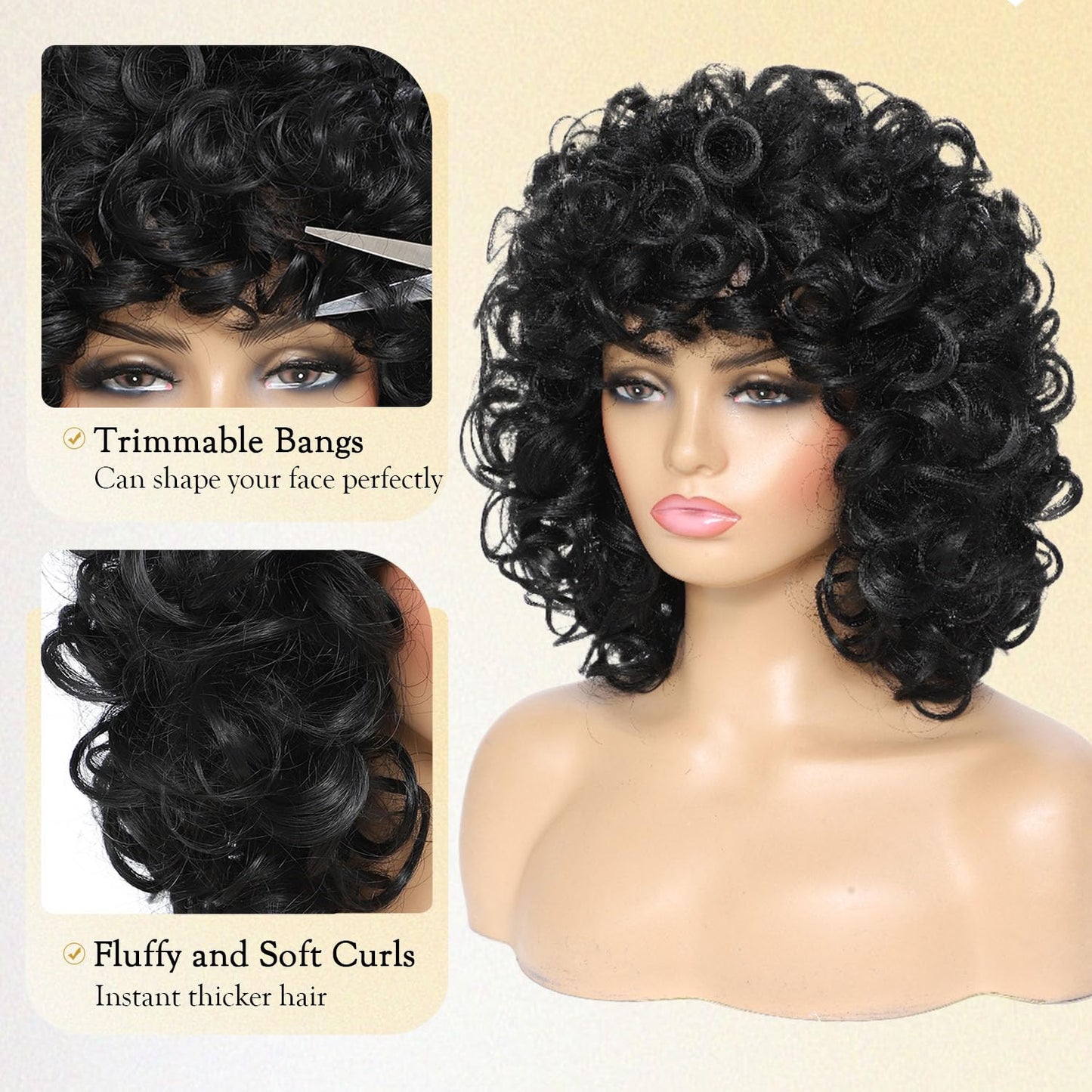 Curly Wigs for Black Women Soft Honey Blonde Short Curly Wig with Bangs Afro Loose Curls Wig for African American Women (1B/30)