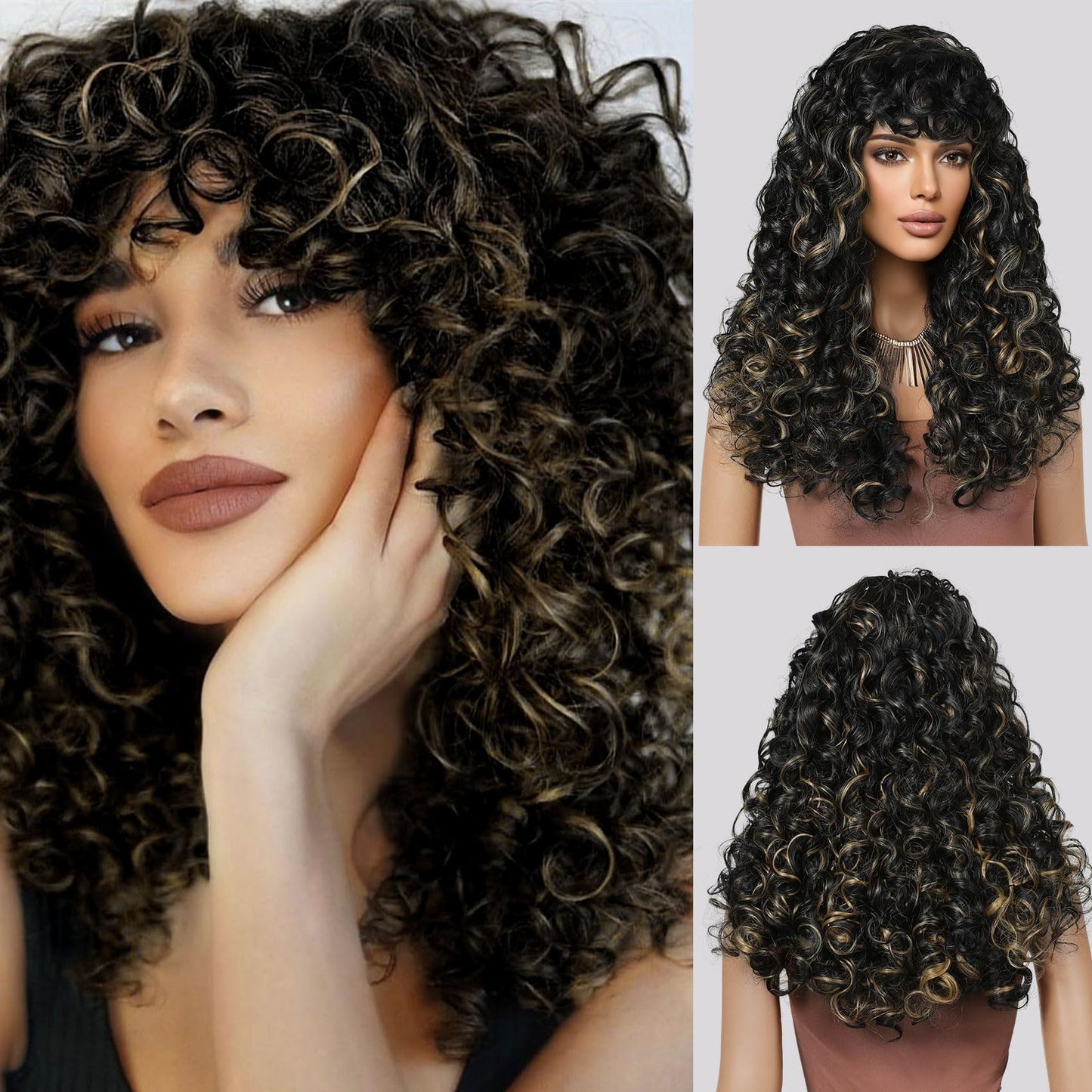 LONAI Curly Wig with Bangs for Black Women Long Black Kinky Wigs with Wispy Bangs WIG006 Curly Gorgeous Fringe Synthetic Wig for Daily Use Party Cosplay-Black