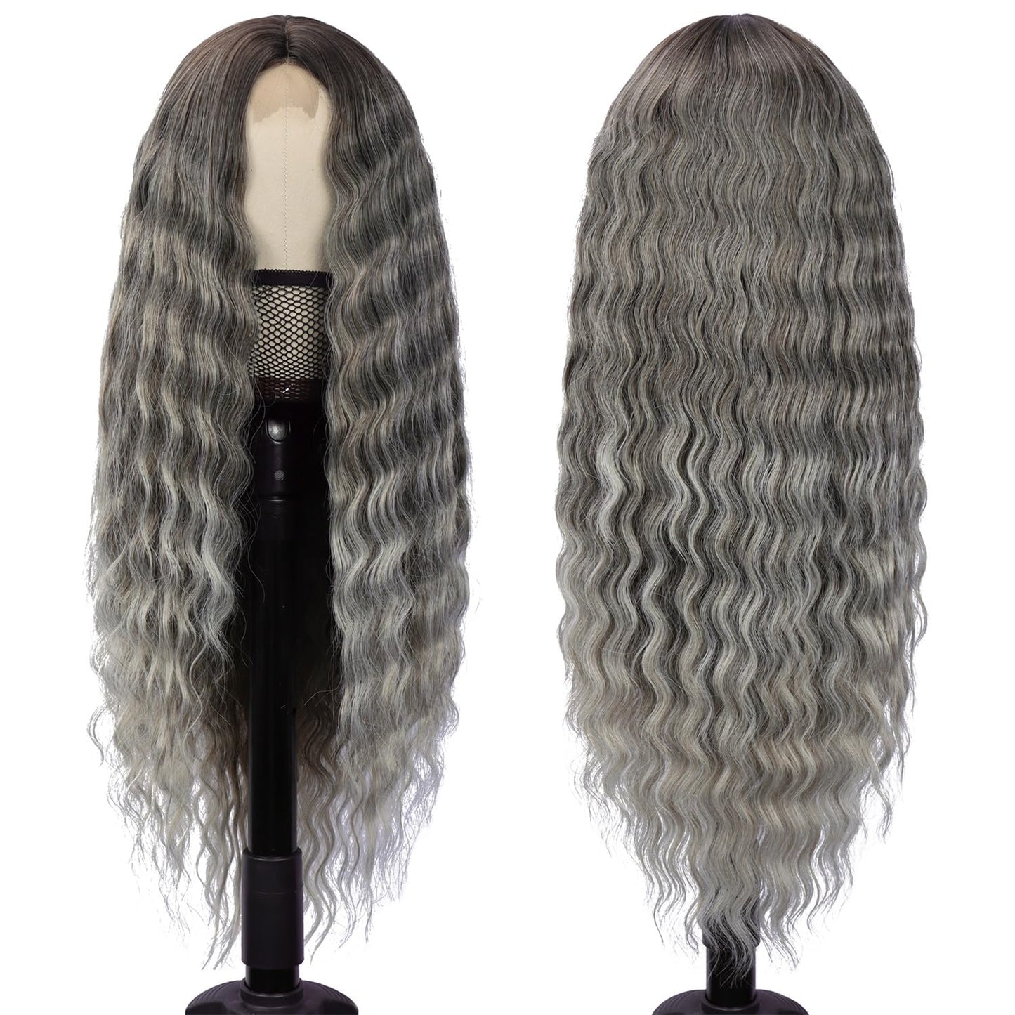 Mairead 28 Inch Long Curly Synthetic Lace Front Wigs for Black Women Loose Deep Wave Black Synthetic Wig Middle Part 4" Simulated Scalp Small Lace Front Wigs Natural Looking Crimps Curls Wig