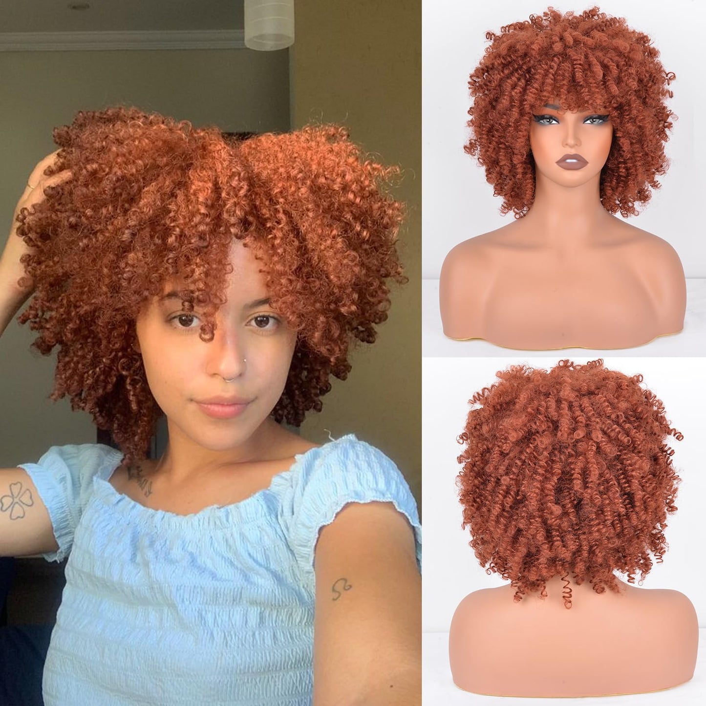Afro Curly Wig with Bangs 12 Inches Synthetic Afro Wig for Women about 280g/Pcs Heat Resistant Black Short Kinky Curly Wigs for Daily Party