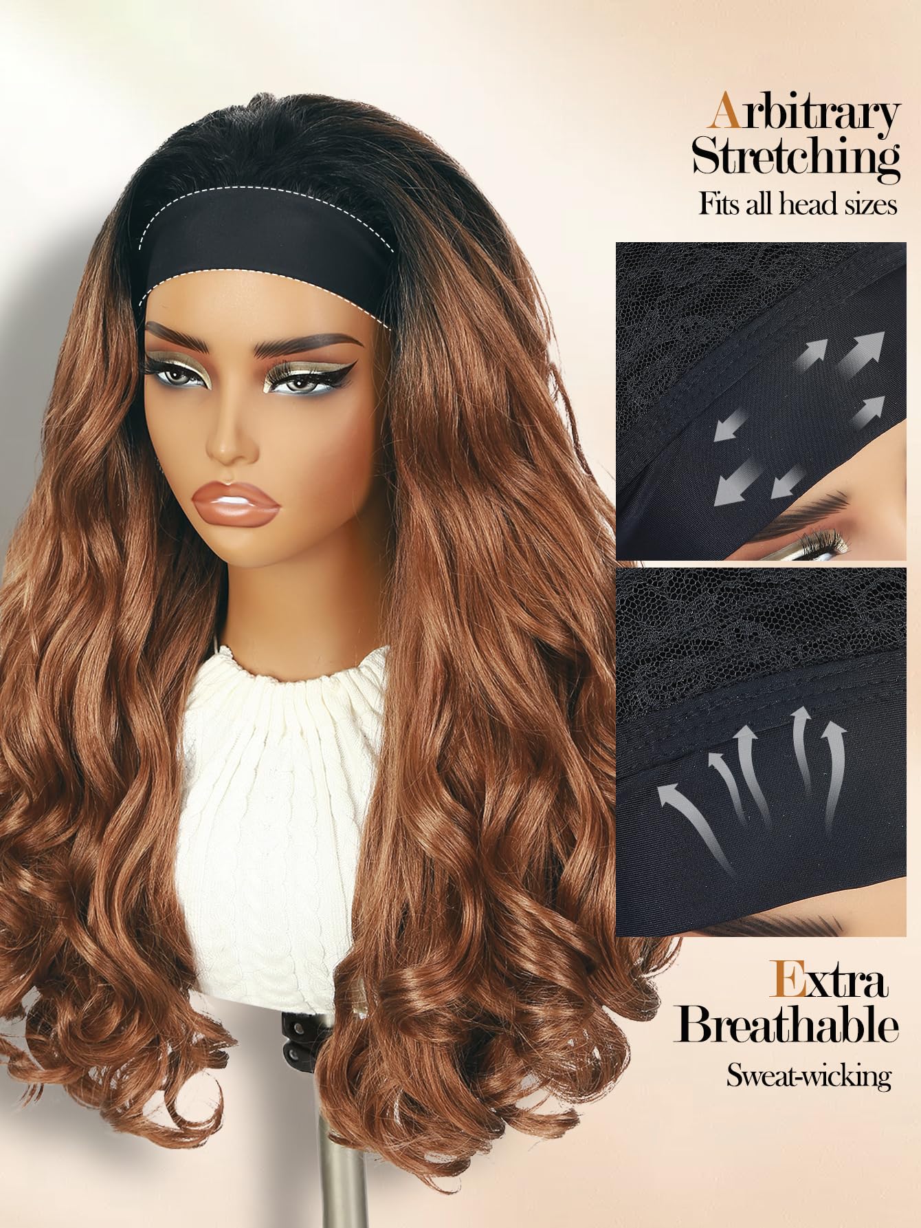 Yaki Wavy Headband Wigs for Black Women 26 Inch Black Kinky Straight Wear and Go Wig with Curly Wavy Ends Synthetic Glueless Half Wig with Headbands Attached Blow Out Style Natural Hair Texture