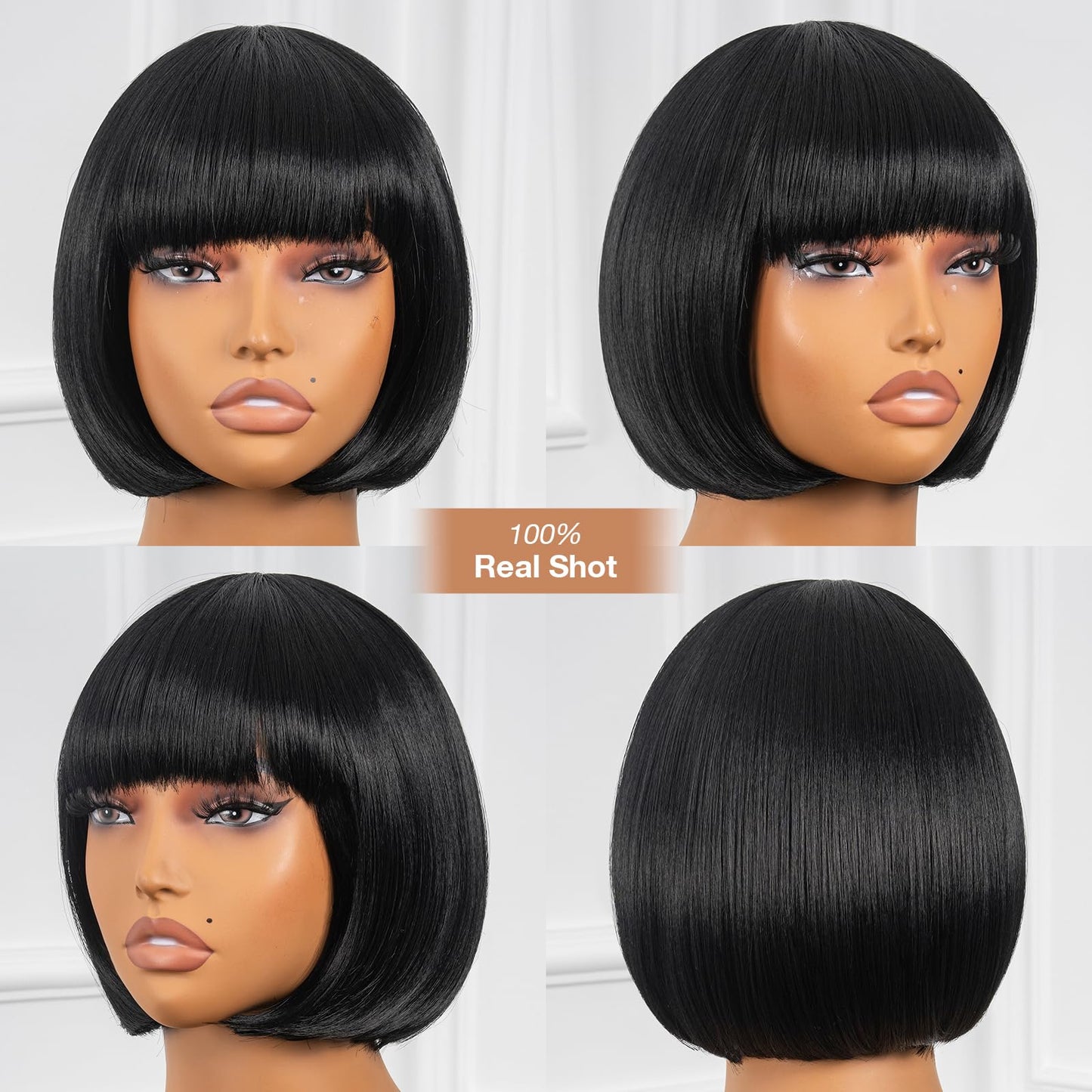 ToyoTress Bob Wig With Bangs - 12 Inch Peek-a-boo Color Short Bob Wig For Black Women Black Mix Brown Daily Costume Wigs, Light Yaki Straight Synthetic Hair Wigs Heat Resistant (12 Inch, SH30-612H)