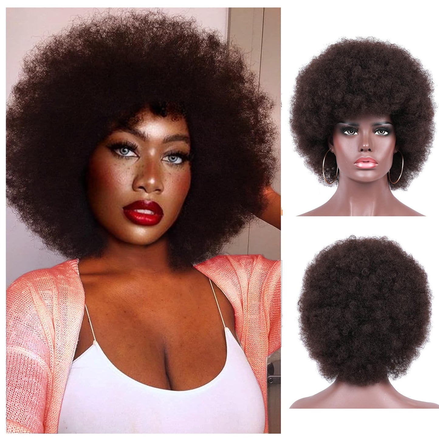 Curly Wigs for Black Women Soft Honey Blonde Short Curly Wig with Bangs Afro Loose Curls Wig for African American Women (1B/30)