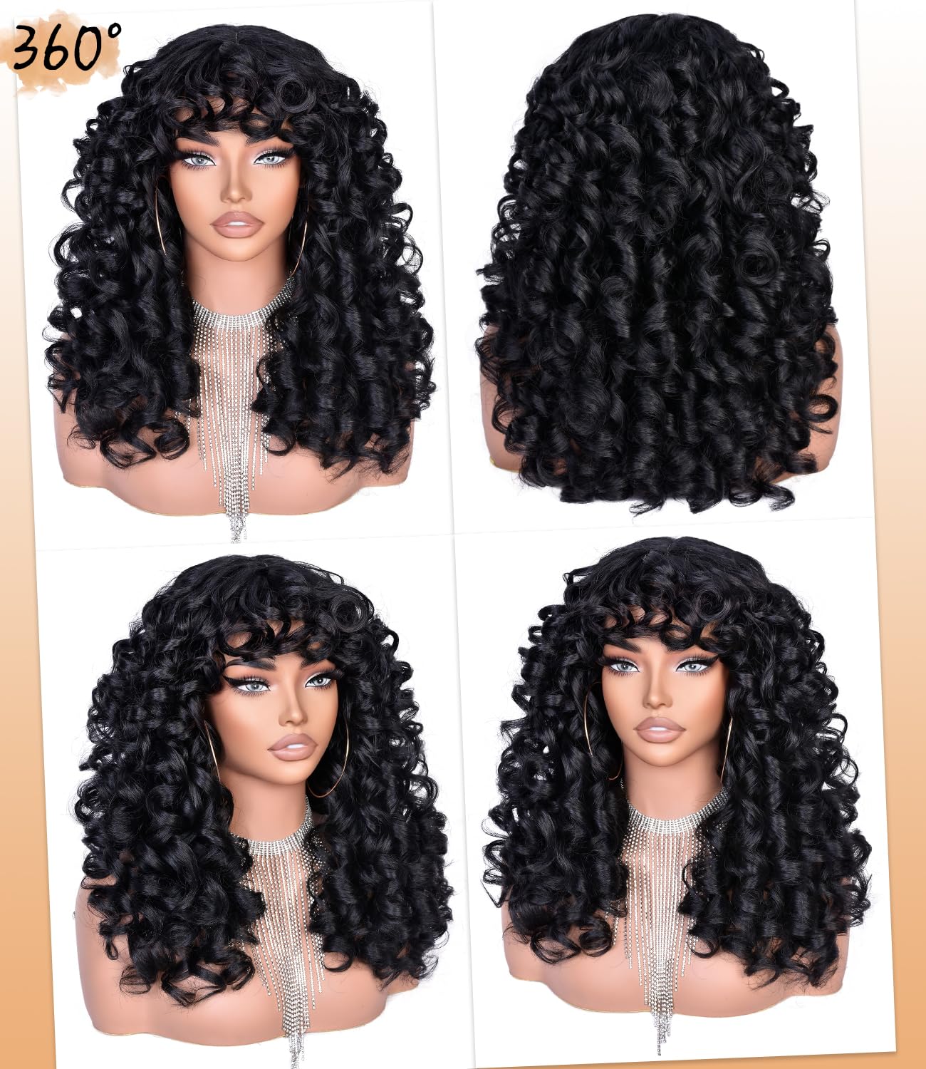 RunM Black Curly Wig with Bangs for Black Women Long Curly Afro Wig Big Bouncy Fluffy Synthetic Fiber Glueless Hair for Cosplay and Daily 17 Inch