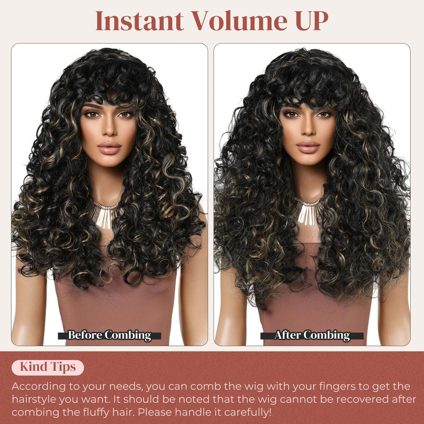 LONAI Curly Wig with Bangs for Black Women Long Black Kinky Wigs with Wispy Bangs WIG006 Curly Gorgeous Fringe Synthetic Wig for Daily Use Party Cosplay-Black