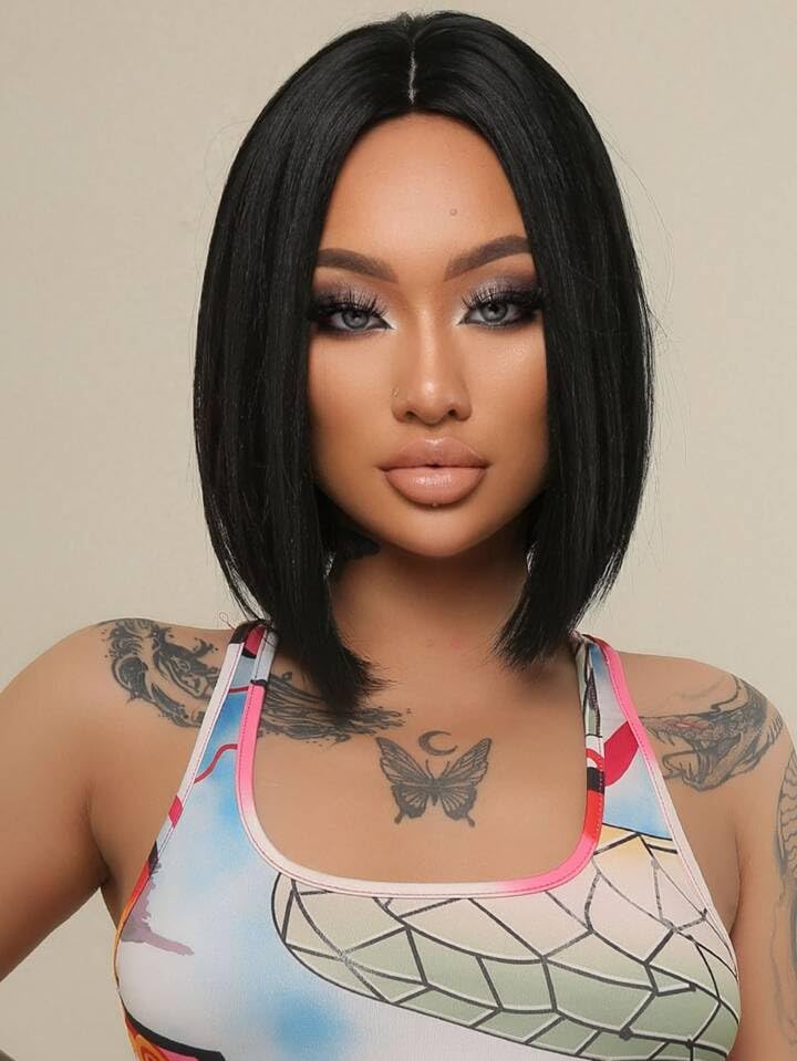 Short Straight Bob WIG Lace Front Synthetic Shoulder Length Middle Part mix Highlight Wig for Women Daliy Party  Used(12inch)