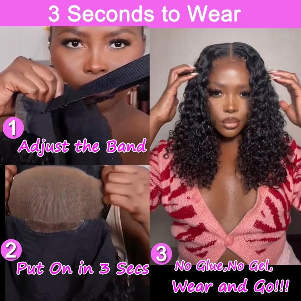 Wear and Go Glueless Wigs Human Hair Pre Plucked Pre Cut 4x4 Lace Front Wigs for Black Women 180% Density Water Wave Bob Wig Human Hair for Beginners Curly Wig (14 Inch)