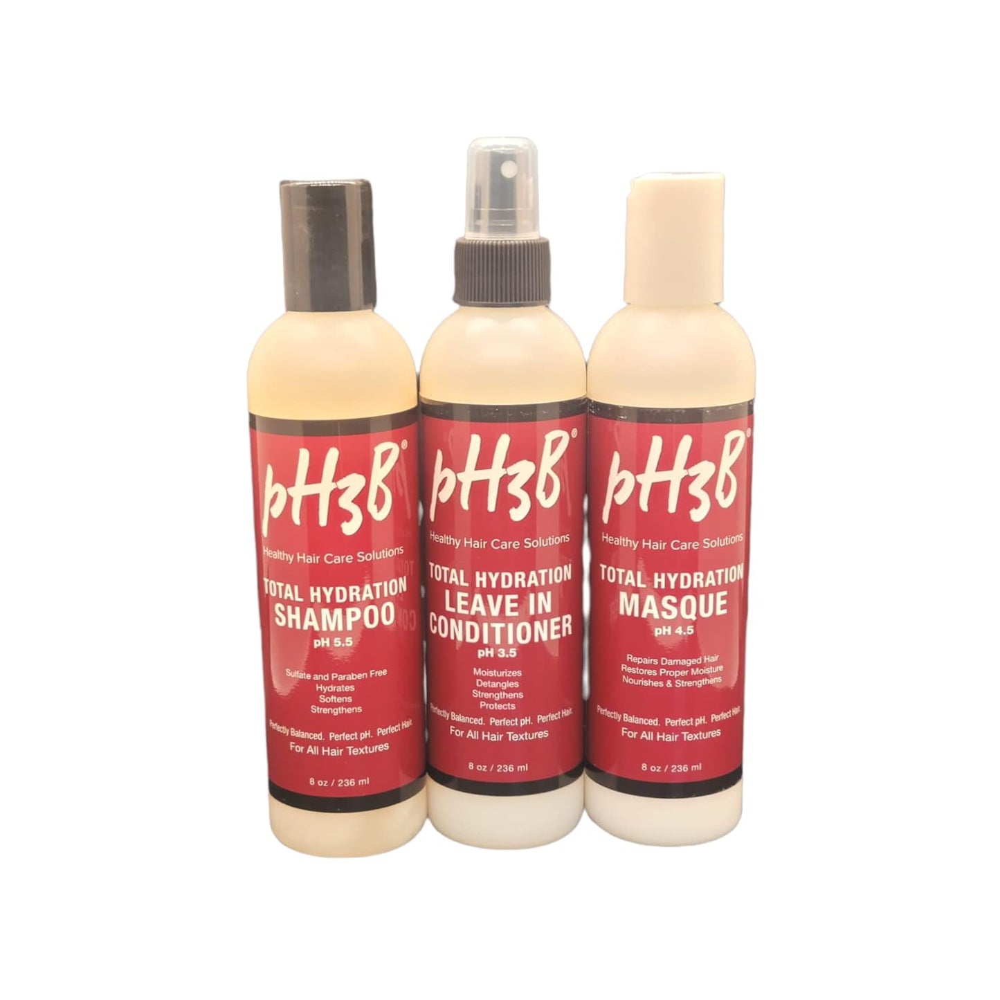 pH3B Hair Care Total Hydration Bundle Shampoo, Hair Masque Leave in Conditioner Sulfate Free Natural Ingredients Rehydrates Nourish Repair Strengthen Tames Frizz