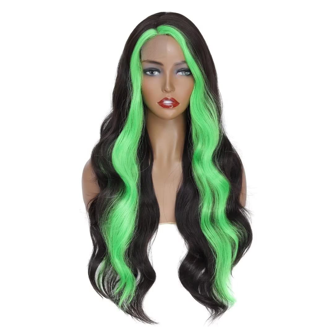 28" Long Wavy Wig. Skunk Stripe Body Wave Wig Highlighted Synthetic Lace Wigs Black with Blonde Wig Streaks Wig Curly Wavy Side Part Wig for Daily Party Use(Natural Color/Blonde#)