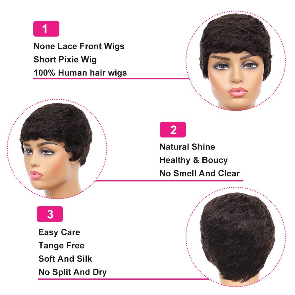 Short Black Wavy Layered Short Human Hair Wigs for Black Women (1B#)