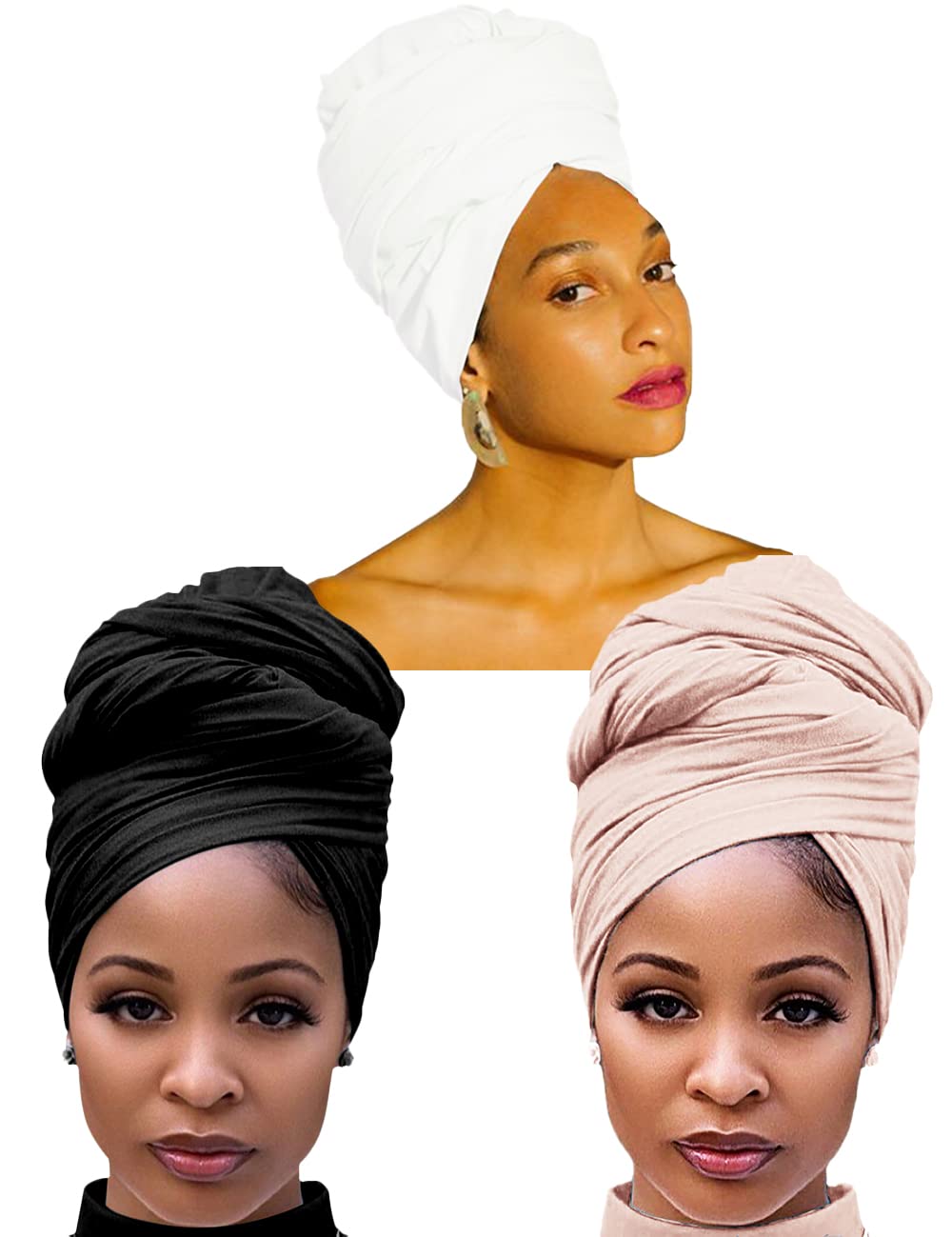 Harewom Black Hair Wrap for Women Long Stretch Jersey Head Scarf Summer Breathable Lightweight Turban Solid Color