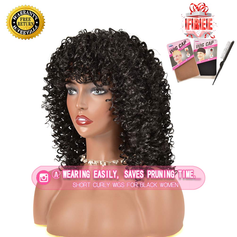 Curly Wig - Natural Black Synthetic African American Full Kinky Curly Afro Hair Wig with Bangs