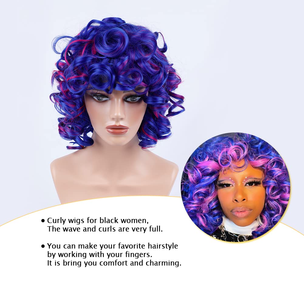 Kavsni Curly Wigs for Black Women Soft Short Afro Curly Wig with Bangs Loose Curly African American Wigs (Hot Pink)