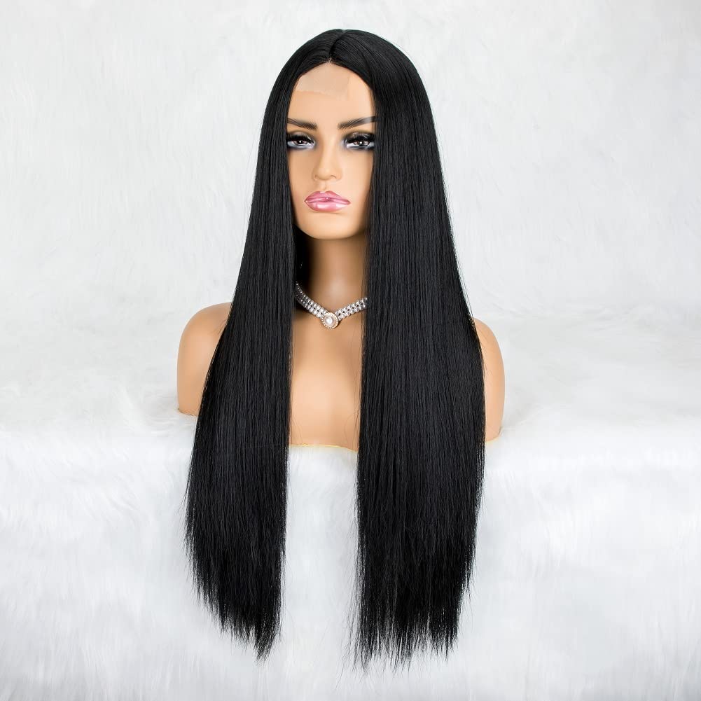 Long Straight Wig with Bangs Natural Black Wigs for Women Fashion Silky Soft Smooth Remy Hair Heat Resistant Fiber Synthetic Wig Machine Made Glueless Full Wig 24 Inch Regular Everyday Wig
