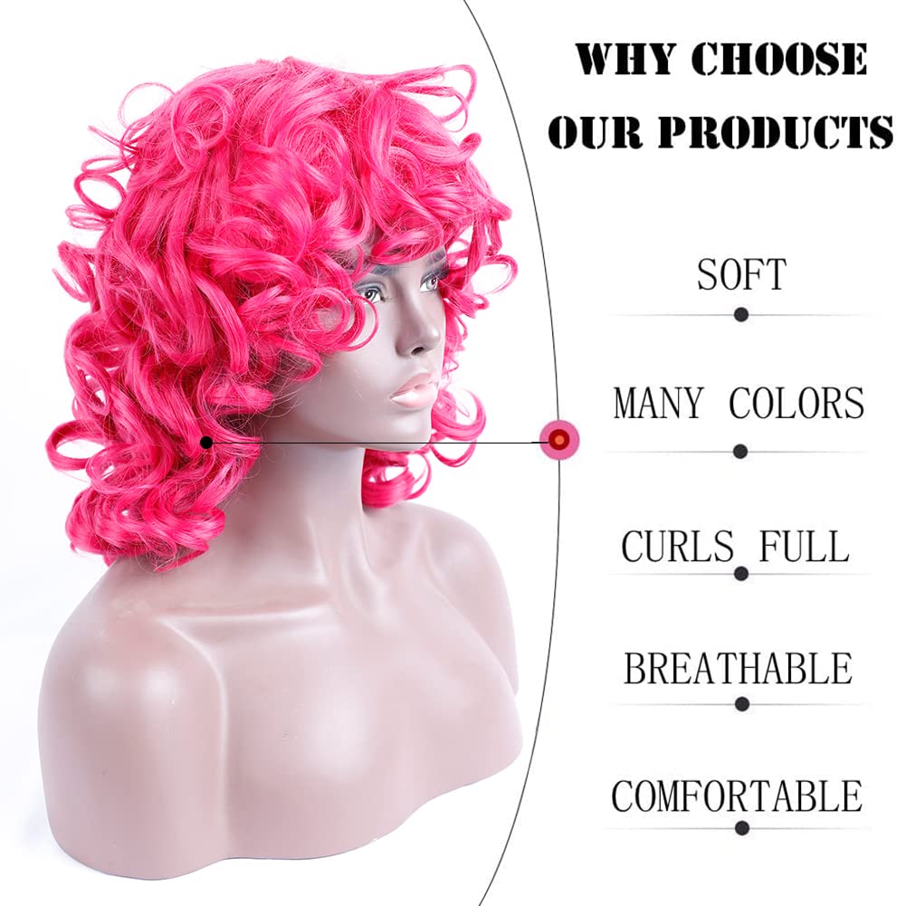 Kavsni Curly Wigs for Black Women Soft Short Afro Curly Wig with Bangs Loose Curly African American Wigs (Hot Pink)