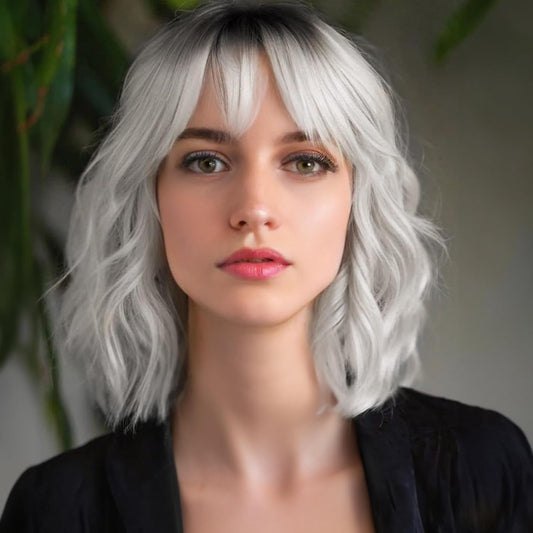 Silver Gray Wig with Bangs for Women 14 Inch Short Bob Wavy Curly Wig Gray Hair Wigs Heat Resistant Synthetic Wigs