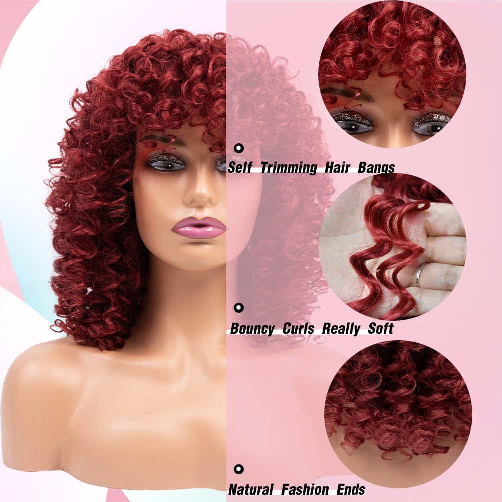 Natural Black Afro Curly Synthetic Wigs with Bangs - 1 Wig Comb and 4pcs Wig Caps