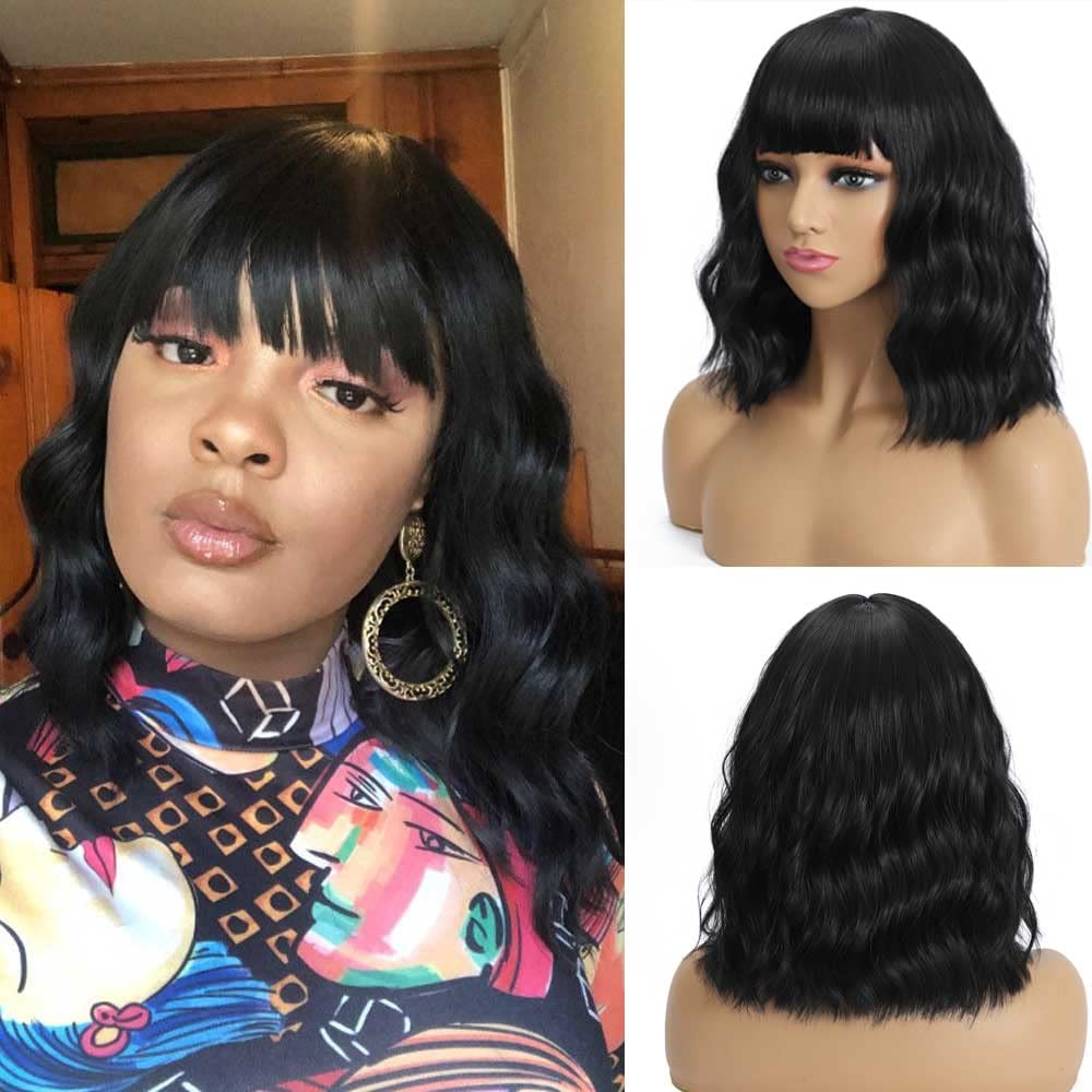 Short Wavy Bob Wig With Bangs Black Mix Brown Wavy Curly Bob Wig ,Realistic Medium Length Black Wavy Wig With Bangs 14inch Synthetic Replacement