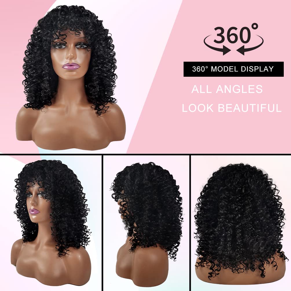 Natural Black Afro Curly Synthetic Wigs with Bangs - 1 Wig Comb and 4pcs Wig Caps