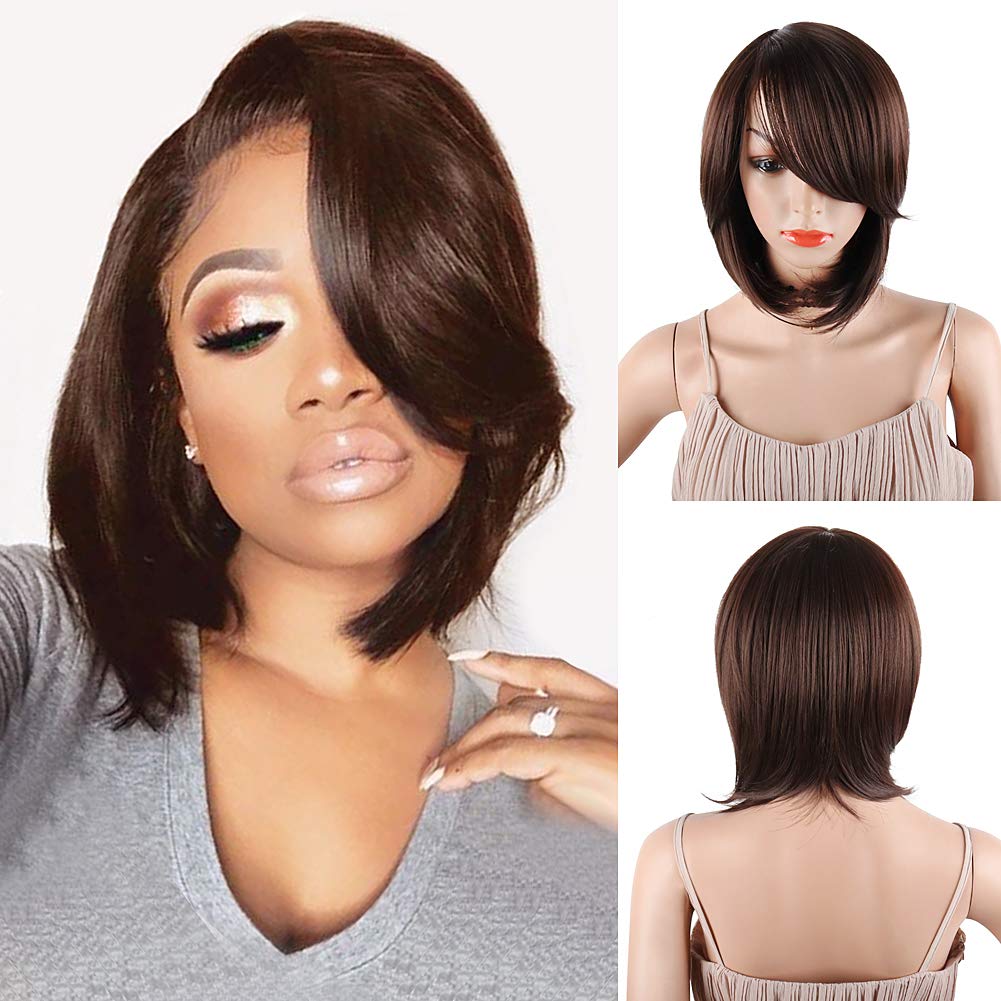 Short Cut Bob Synthetic Wigs for Women Heat Resistant Costume African American Wigs with Side Bangs Natural Black Full Wigs Look Real (8764 BLACK)