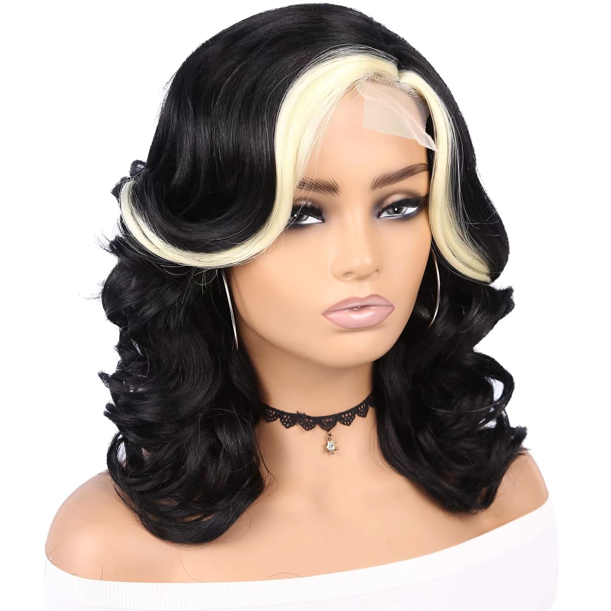 Short Body Wavy Wig Curly Loose Wave Wigs Big Curly Lady Side Part Shoulder Length Wigs Synthetic Bob Wavy Wig for Black Women (Natural Black)