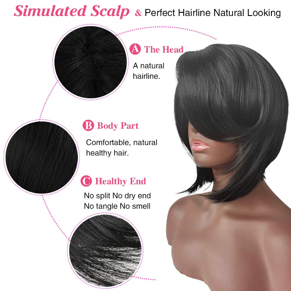 Short Cut Bob Synthetic Wigs for Women Heat Resistant Costume African American Wigs with Side Bangs Natural Black Full Wigs Look Real (8764 BLACK)