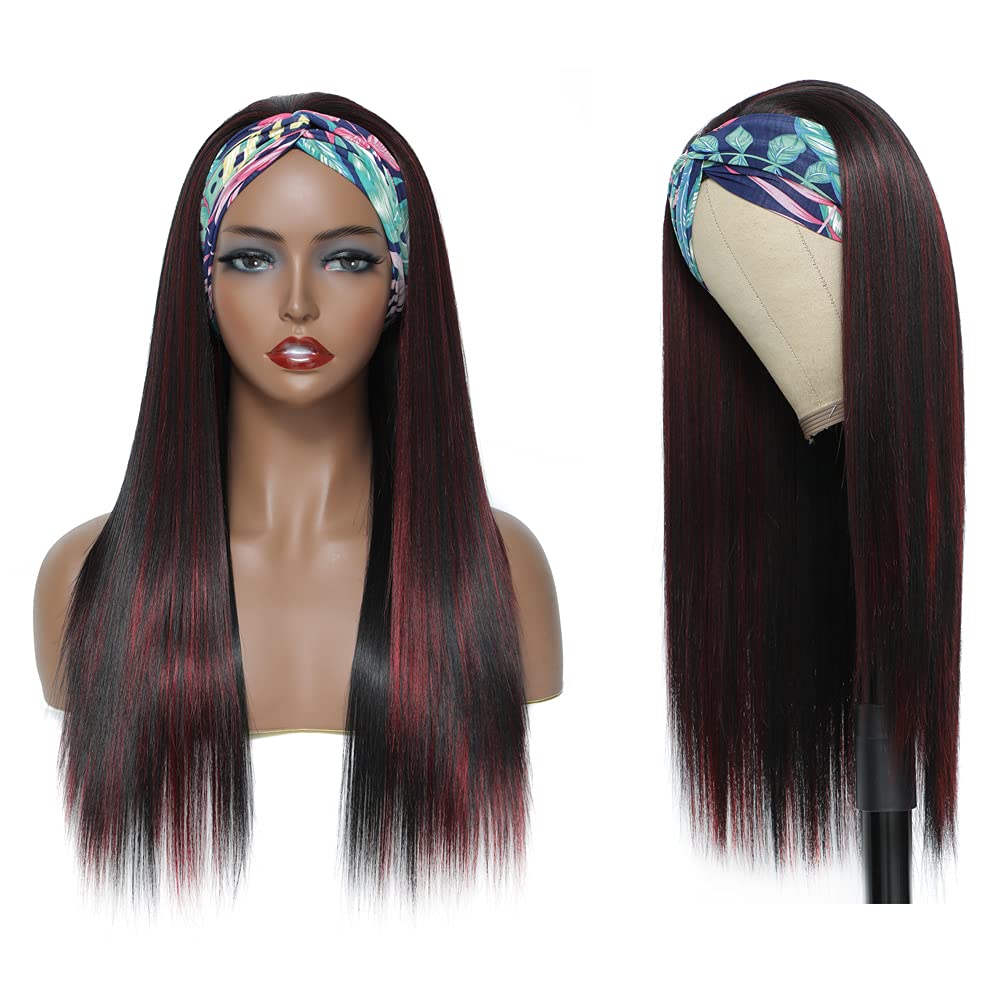 Straight Headband Wig for Women Black 22 Inch Long Straight Headband Wig Premium Synthetic Headband Wig Natural Glueless None Lace Front Wigs with Headbands & Wig Caps(Black)