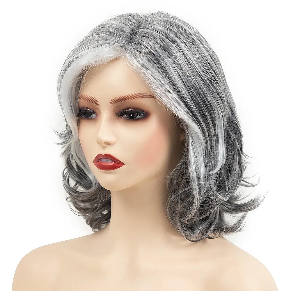 Dark Grey Short Wigs for Women Medium Length Gray Mixed White Layered Curly Wavy Wigs with Side Bangs Synthetic Silver Wigs for Older Women