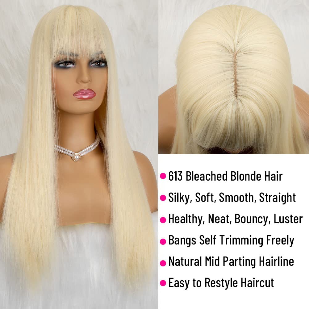 Long Straight Wig with Bangs Natural Black Wigs for Women Fashion Silky Soft Smooth Remy Hair Heat Resistant Fiber Synthetic Wig Machine Made Glueless Full Wig 24 Inch Regular Everyday Wig