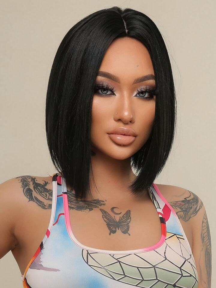 Short Straight Bob WIG Lace Front Synthetic Shoulder Length Middle Part mix Highlight Wig for Women Daliy Party  Used(12inch)