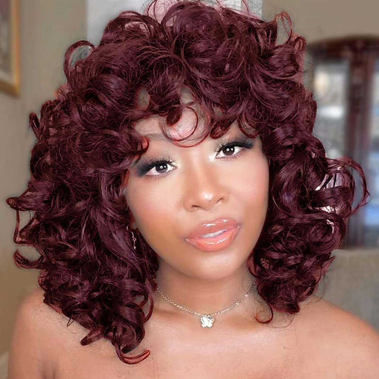 Short Kinky Curly Black Wigs with Bangs Heat Resistant Natural Cute Synthetic Wig with Accessories Z014