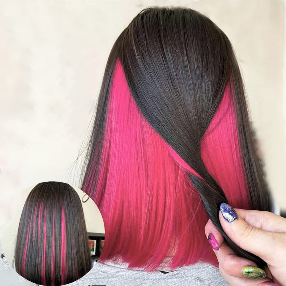 IWISH Highlight Red Bob Wig For Women Skunk Stripe Straight Short Bob Ombre Synthetic Lace Wigs Shoulder Length Black with Red Highlights Wigs for Daily Party Use