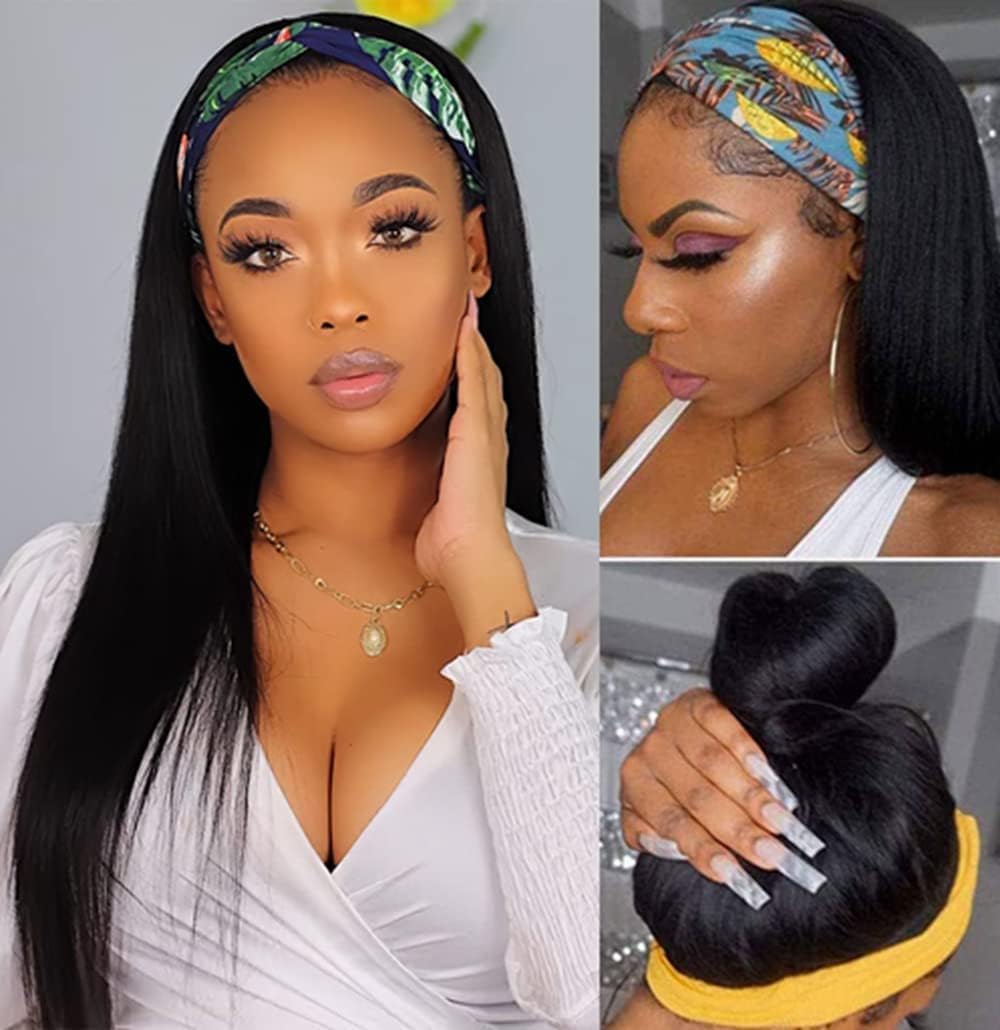 Straight Headband Wig, Softer Synthetic Hair As Human Hair, Wear And Go Glueless Half Wigs for Black Women (18 Inch)