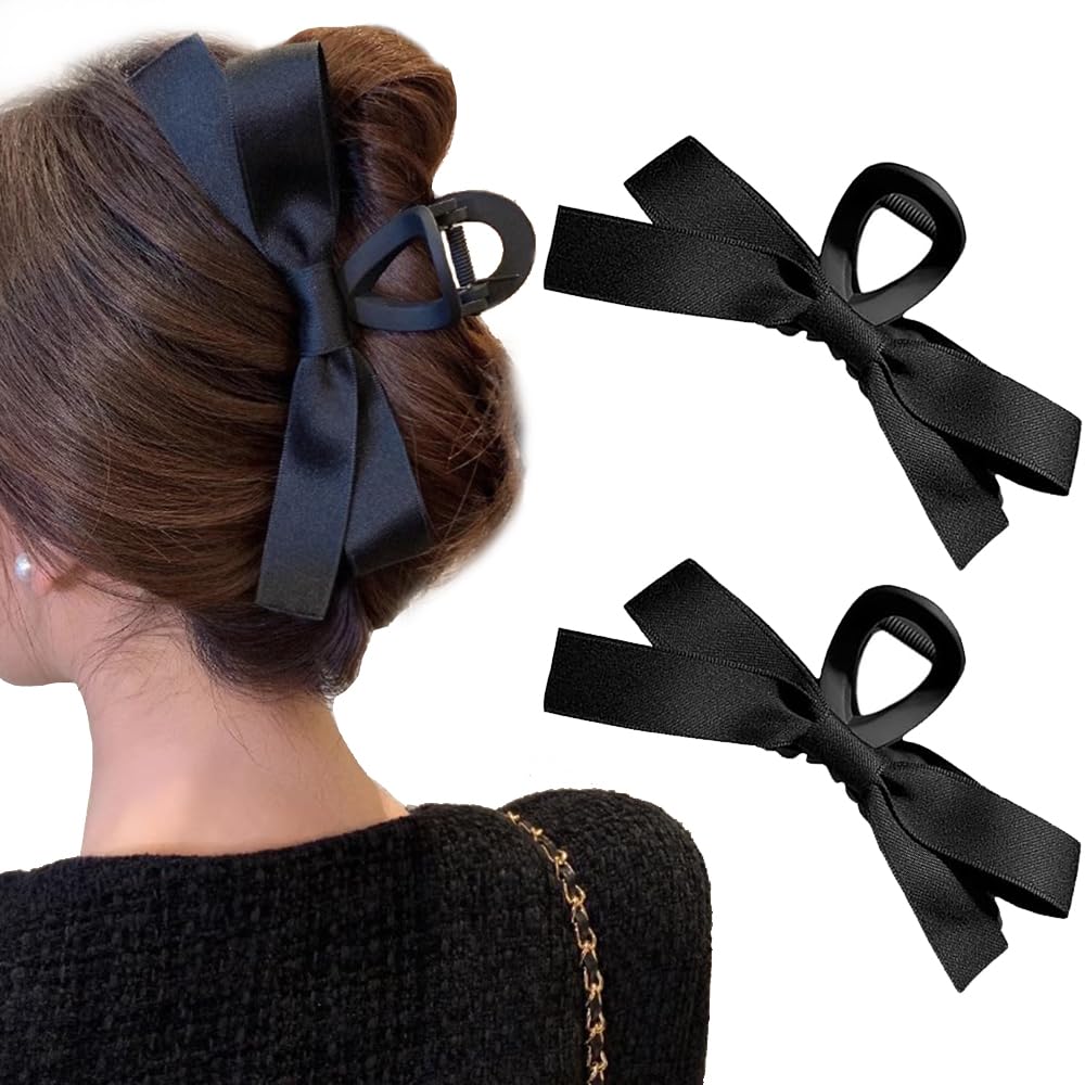 Bow Claw Clip, White Black Bow Claw Hair Clips, Ribbon Bow Clips for Women Girls, Hair Bows for Thick Thin Hair, Claw Clip with Bow, Nonslip Hair Barrette Hair Accessories for Christmas Gifts