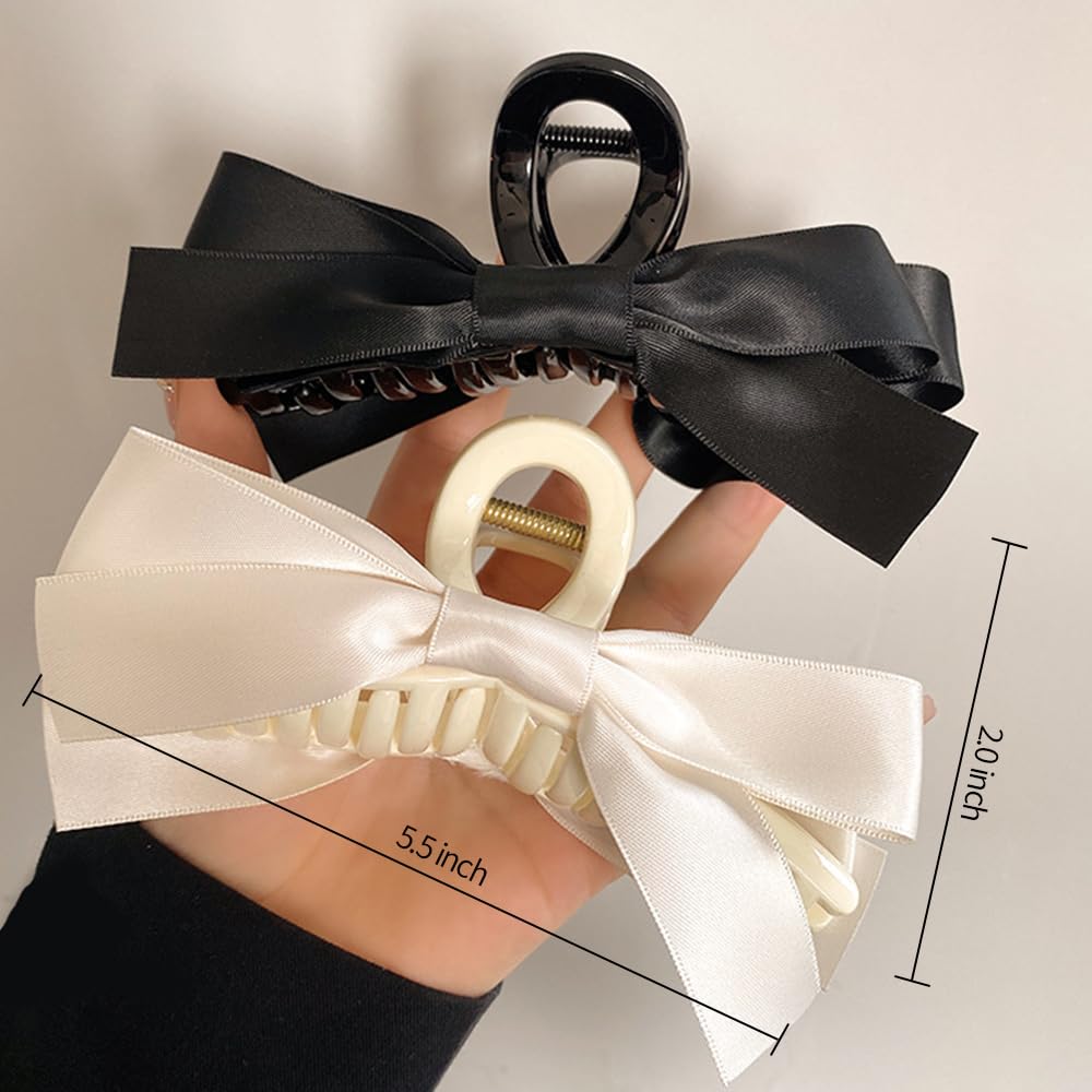 Bow Claw Clip, White Black Bow Claw Hair Clips, Ribbon Bow Clips for Women Girls, Hair Bows for Thick Thin Hair, Claw Clip with Bow, Nonslip Hair Barrette Hair Accessories for Christmas Gifts