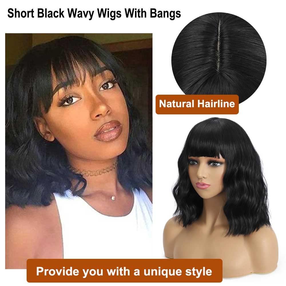 Short Wavy Bob Wig With Bangs Black Mix Brown Wavy Curly Bob Wig ,Realistic Medium Length Black Wavy Wig With Bangs 14inch Synthetic Replacement