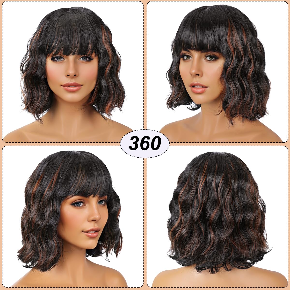 Short Wavy Black Wig with Bangs Bob Short Charming Curly Wavy Wig Women Synthetic Natural Looking Heat Resistant Fiber Hair for Women (14inch)