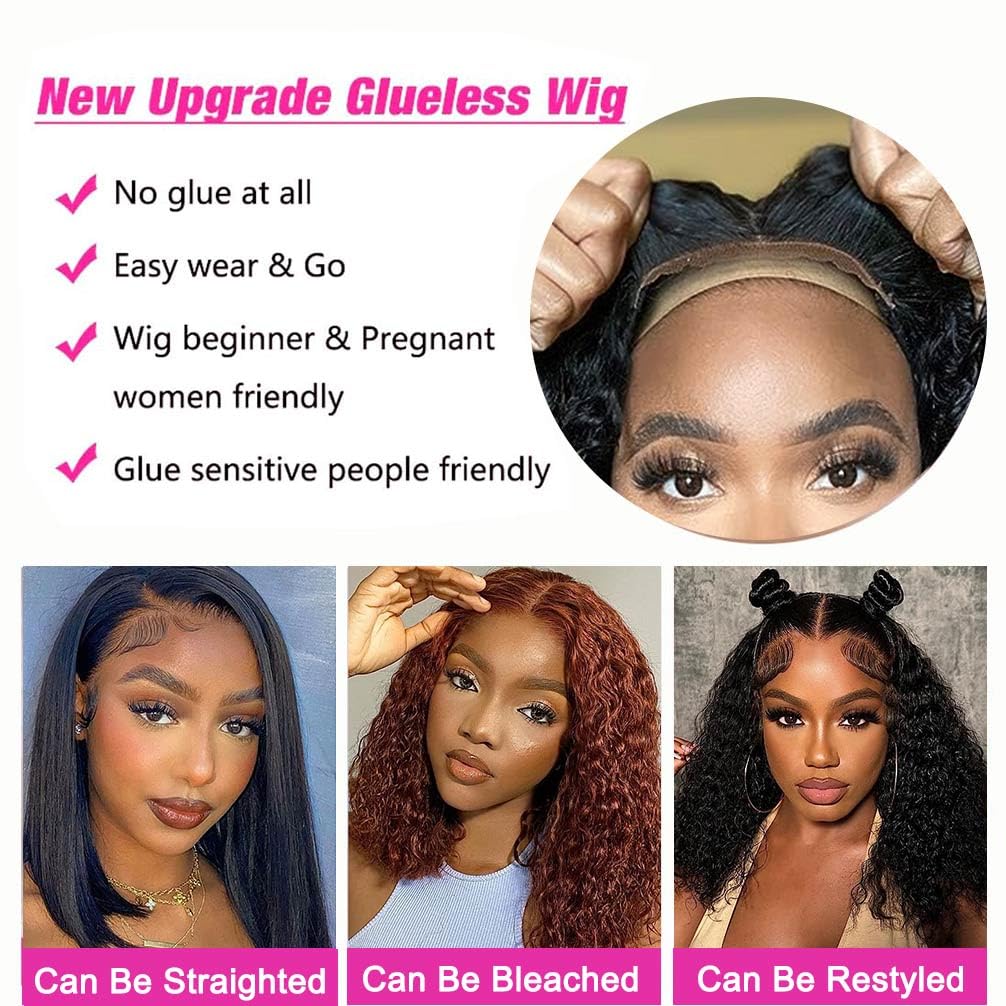 Wear and Go Glueless Wigs Human Hair Pre Plucked Pre Cut 4x4 Lace Front Wigs for Black Women 180% Density Water Wave Bob Wig Human Hair for Beginners Curly Wig (14 Inch)