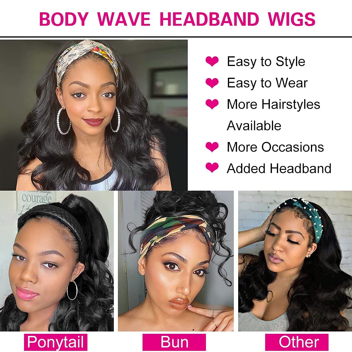 Glueless Headband Wig Synthetic Long Black Body Wave Headband. Natural Looking Wavy Wig Heat Resistant 180% Density(26inch, 1B#)