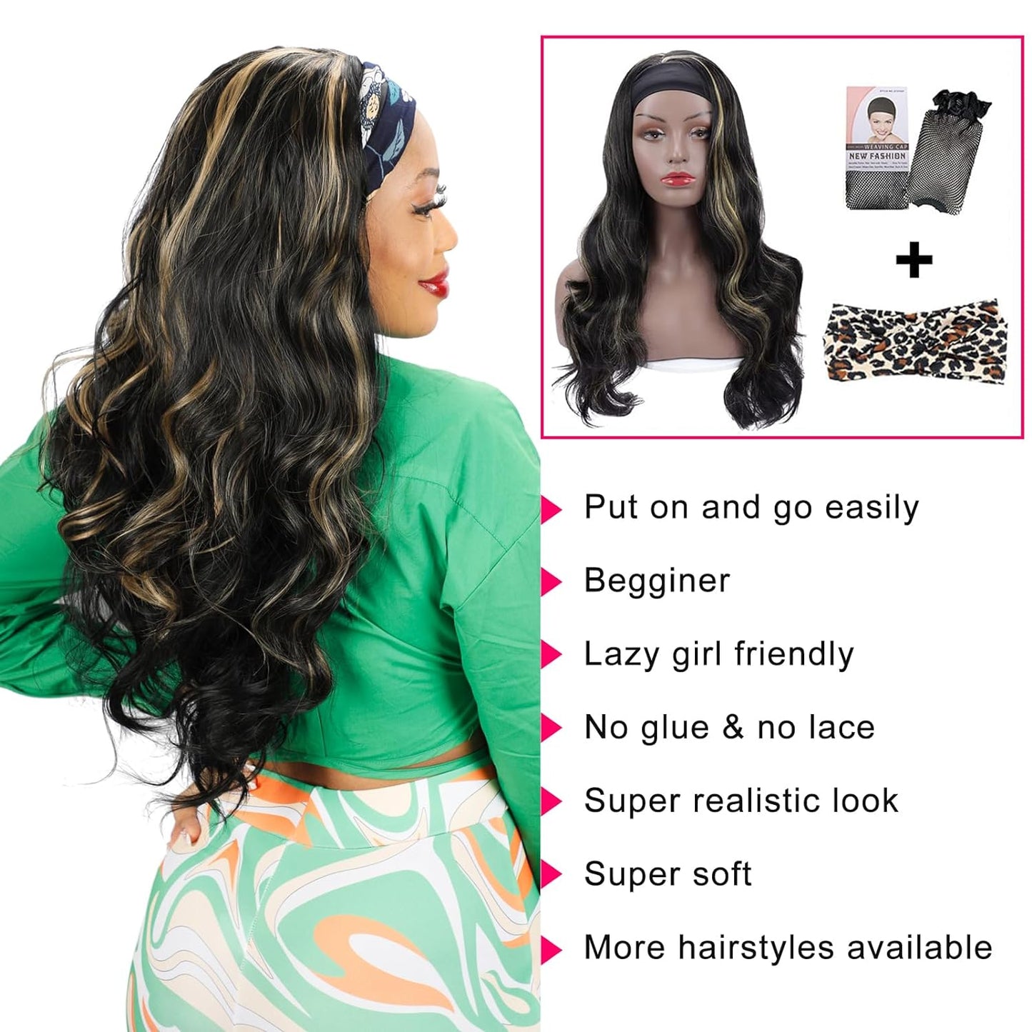 Glueless Headband Wig Synthetic Long Black Body Wave Headband. Natural Looking Wavy Wig Heat Resistant 180% Density(26inch, 1B#)