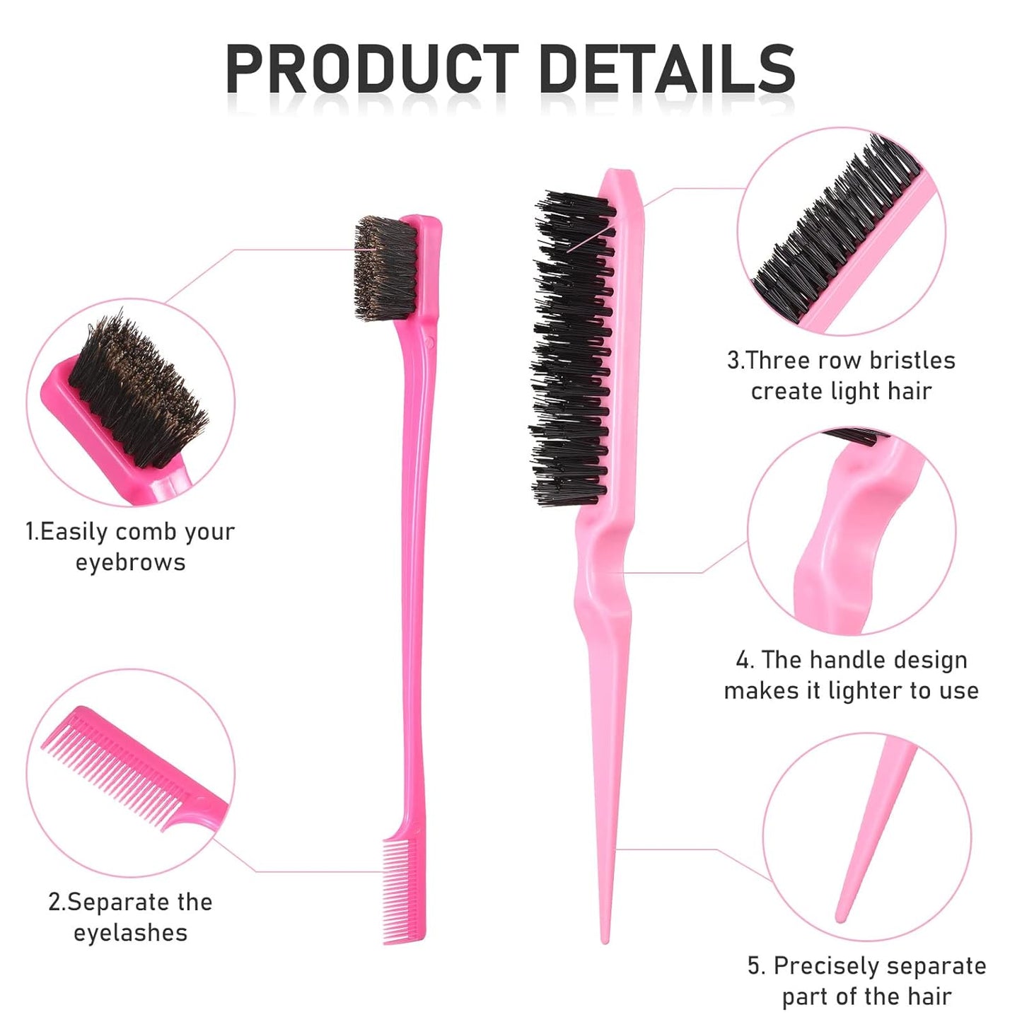 12 Pieces Hair Brush Set, Nylon Teasing Hair Brushes 3 Row Salon Teasing Brush, Double Sided Hair Edge Brush Smooth Comb Grooming, Rat Tail Combs with Duckbill Clips for Women Girls (Purple, Black)