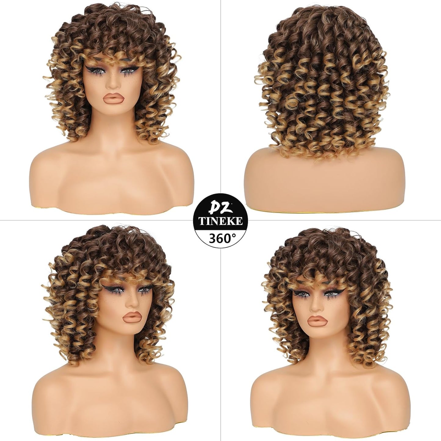 14 Inch Curly Wigs for Black Women Short Curly Wig with Bangs Big Loose Cute Kinky Curly Hair Synthetic Soft Wigs for Daily Party Cosplay (Black)