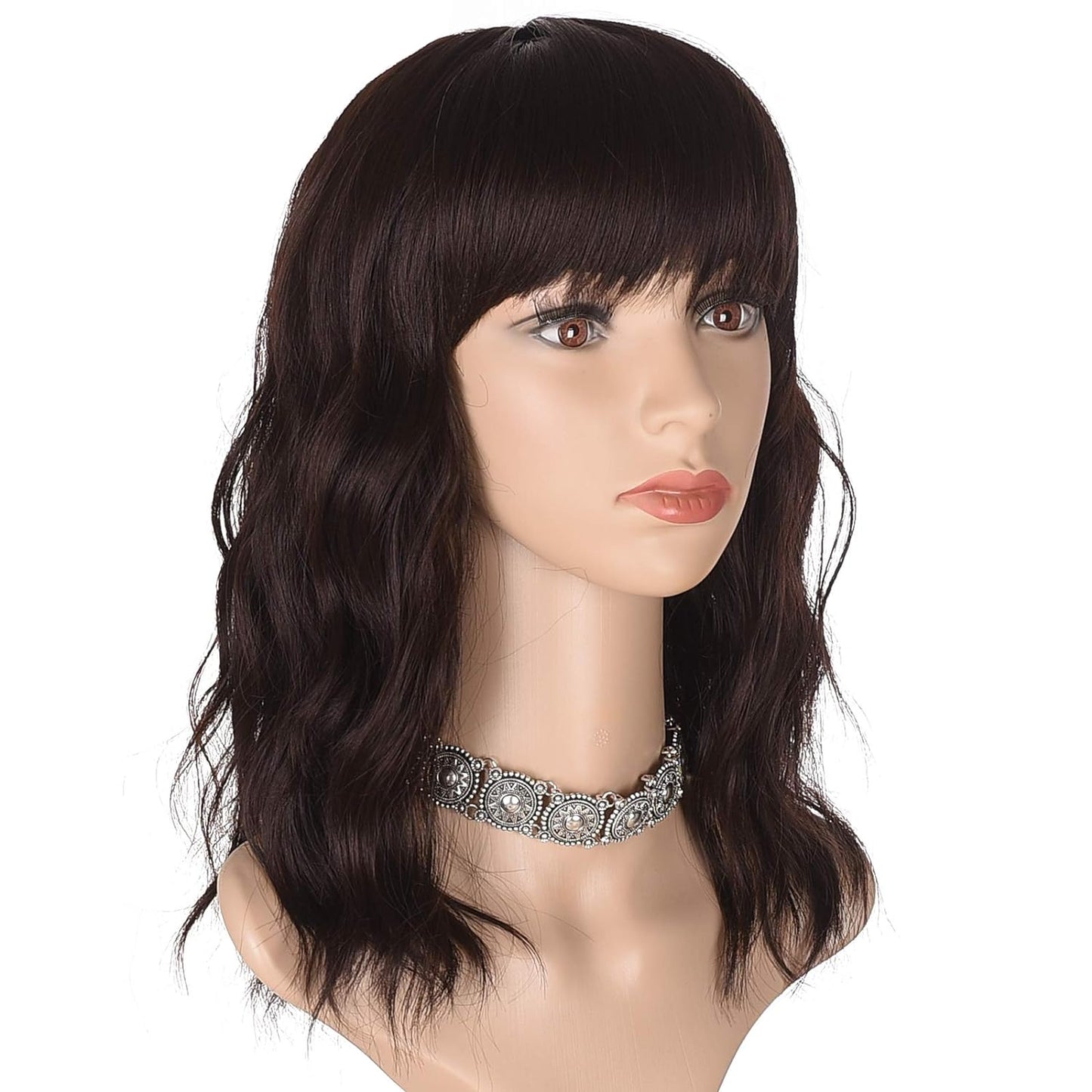 Short Black Wavy Bob Wig with Bangs for Women 16 Inches Natural Synthetic Hair Wavy Wigs