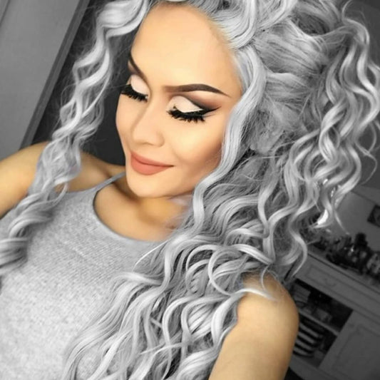 Fencca Grey Long Curly Wig Synthetic Mixed Gray Wave Curly Wigs for Women Free Part Full Curly Wig Layered Long Wavy Grey Wig